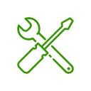 Green icon of a screwdriver and wrench in an X shape